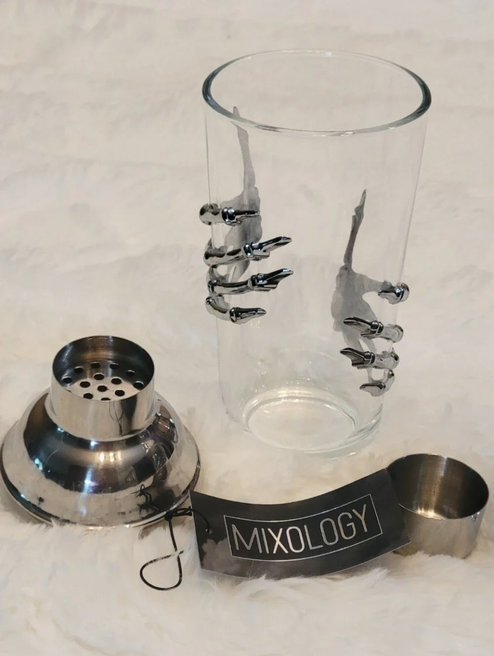Halloween Cocktail Shaker Glass & Silver Skeleton Hands NEW Highball Glass